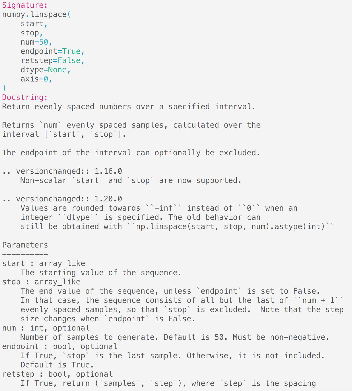 numpy.linspace help in IPython